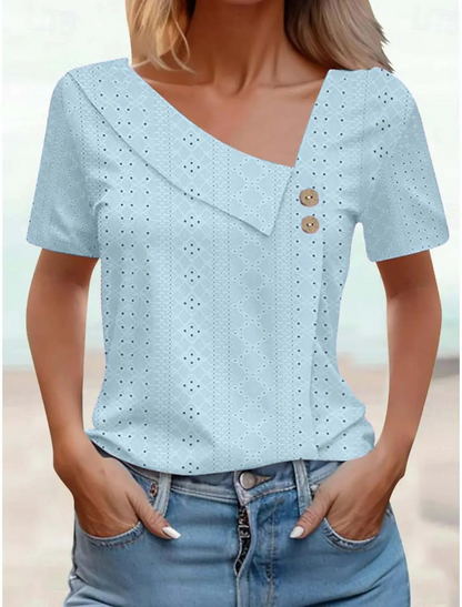 T-Shirt Donna Estiva con Scollo a V e Bottoni