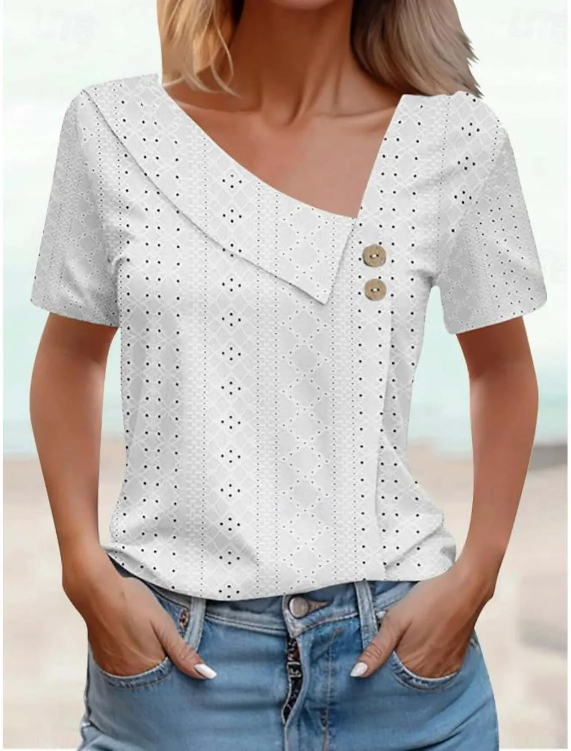 T-Shirt Donna Estiva con Scollo a V e Bottoni