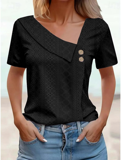 T-Shirt Donna Estiva con Scollo a V e Bottoni