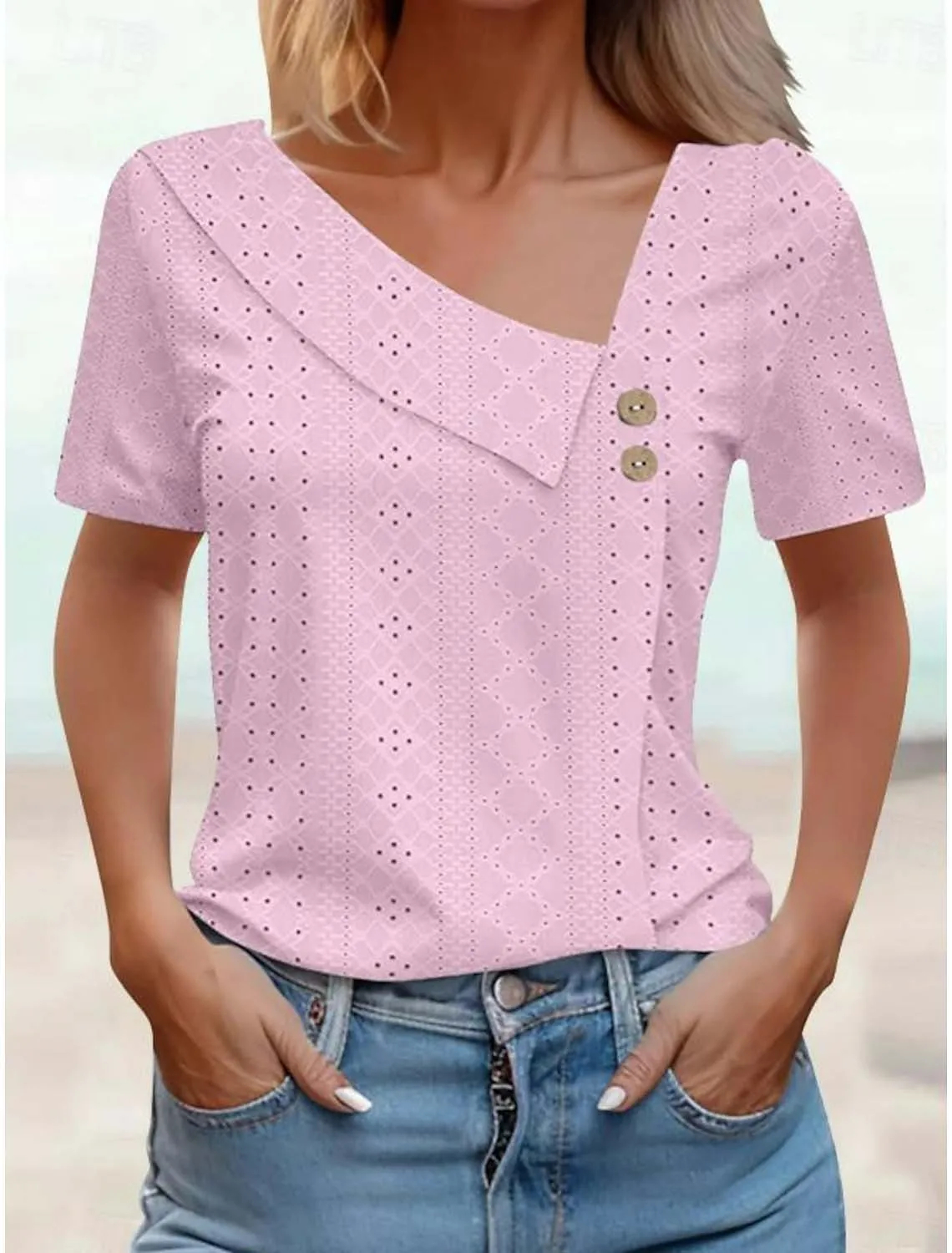 T-Shirt Donna Estiva con Scollo a V e Bottoni
