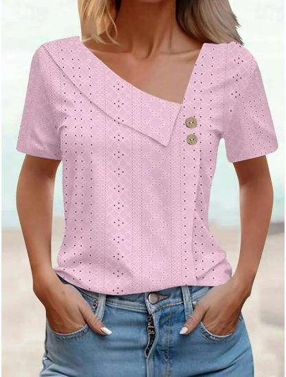 T-Shirt Donna Estiva con Scollo a V e Bottoni