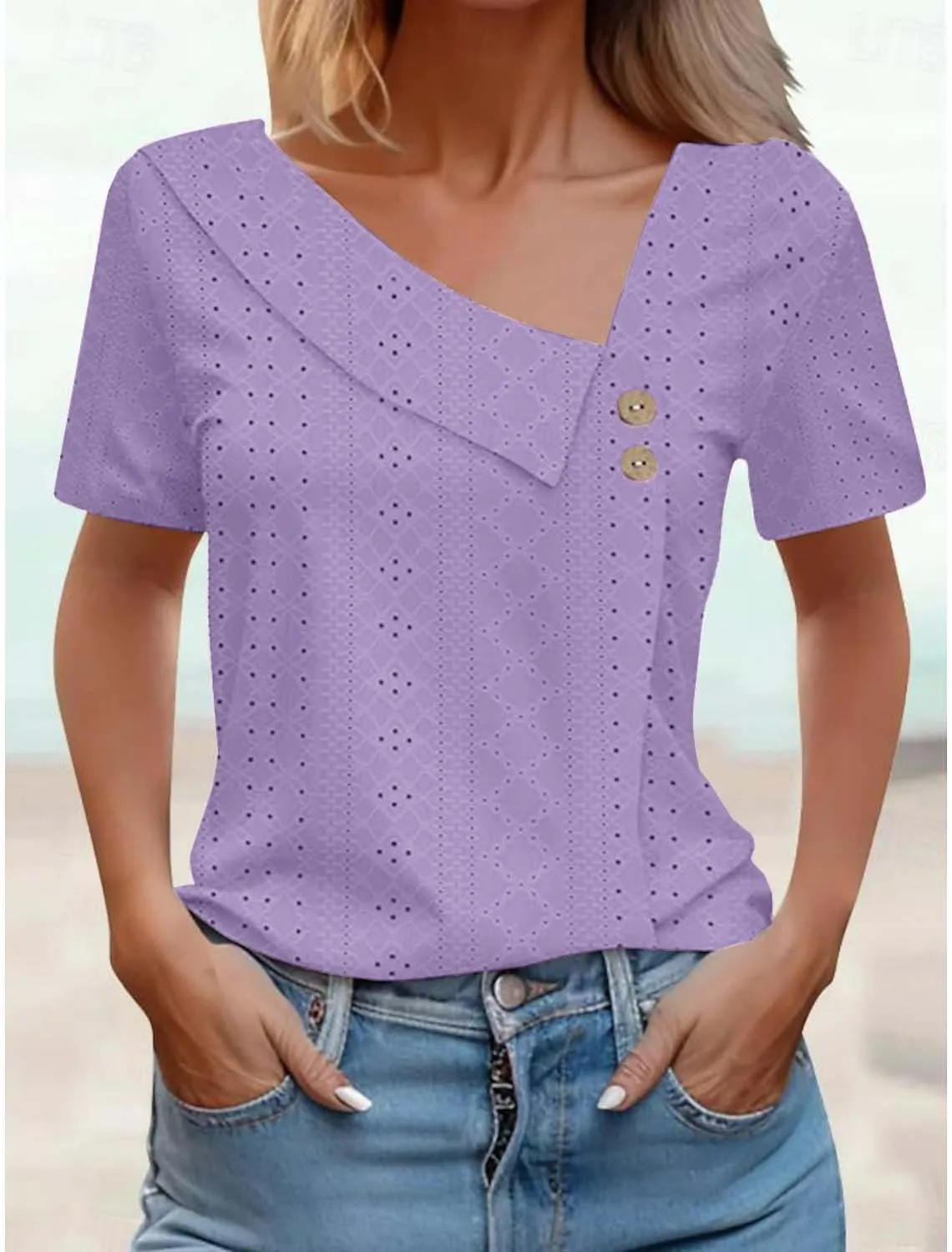 T-Shirt Donna Estiva con Scollo a V e Bottoni