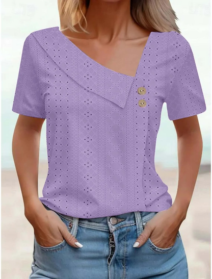 T-Shirt Donna Estiva con Scollo a V e Bottoni